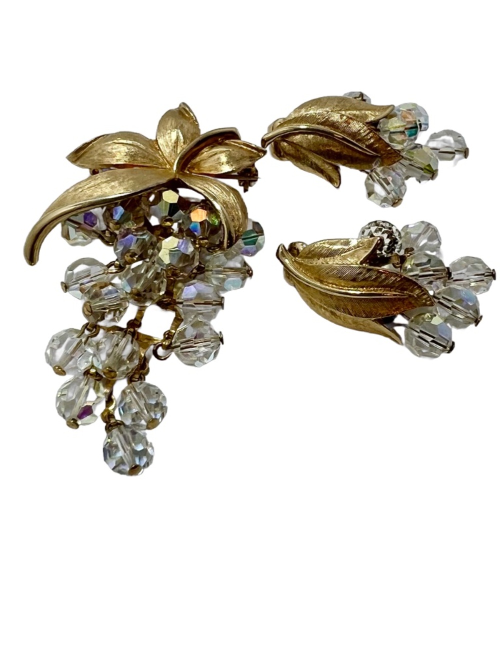 Jewelry Set, Brooch and Clip-on Earrings Goldtone AB Clear Crystal